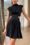 sexy solid color non-stretch hollow zip-up mini dress_Black