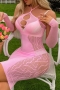 sexy stretch mesh halter-neck hollow with gloves slim midi dress(no underwear)_Black_Pink