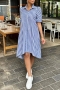 casual plus size non-stretch stripe printing single-breasted midi shirt dress_Green_Sky Blue