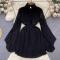 casual 6 colors non-stretch chiffon button with lined mini dress_Black