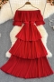 stylish solid color non-stretch ruffle off-the-shoulder beach midi dress_Black_Red
