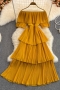 stylish solid color non-stretch ruffle off-the-shoulder beach midi dress_Black_Red_Yellow