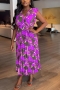 casual slight stretch batch printing v-neck maxi dress(with shoulder pads& belt)_Orange_Purple