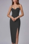 sexy high stretch slit zip-up rhinestone with padded midi dress_Black