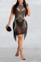sexy plus-size rhinestone pearl hollow slim tassel mini dress(with thong)_Black