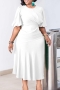 casual plus size slight stretch solid color crew neck zip-up midi dress_Black_White