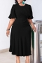 casual plus size slight stretch solid color crew neck zip-up midi dress_Black