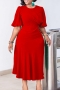 casual plus size slight stretch solid color crew neck zip-up midi dress_Black_White_Red