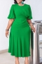 casual plus size slight stretch solid color crew neck zip-up midi dress_Black_White_Red_Green