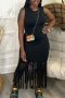 sexy plus size slight stretch solid color tassel midi dress_Black