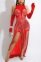 sexy plus size slight stretch rhinestone mesh slit maxi dress(no gloves)_Black_Red