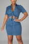 sexy plus size slight stretch denim 2 colors hollow bodycon mini dress_Blue