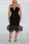 sexy plus-size stretch stitching mesh tight midi dress_Black