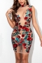 sexy slight stretch mesh patchwork see-through sequins floral zip-up mini dress_Red