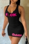 sexy slight stretch 4 colors letter printing sleeveless slim mini dress_Black