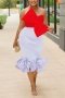 high quality sexy plus size slight stretch color-block tube design midi dress_Black_Red
