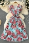 casual non-stretch flower batch printing v-neck with belt pleated midi dress#1_Yellow_Sky Blue
