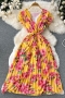 casual non-stretch flower batch printing v-neck with belt pleated midi dress#1_Yellow