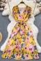 casual non-stretch flower batch printing v-neck with belt pleated midi dress#2_Yellow