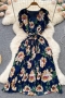 casual non-stretch flower batch printing v-neck with belt pleated midi dress#2_Yellow_Dark Blue
