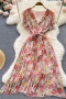 casual non-stretch flower batch printing v-neck with belt pleated midi dress#3_Pink_Red