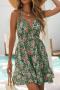 sexy bohemian non-stretch floral printing 3 colors halter-neck tied mini dress_Green