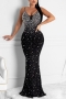 sexy plus size slight stretch sling backless rhinestone pearl maxi dress_Black