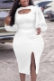 sexy plus size slight stretch solid color hollow crew neck midi dress_Black_White