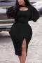 sexy plus size slight stretch solid color hollow crew neck midi dress_Black