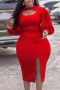 sexy plus size slight stretch solid color hollow crew neck midi dress_Black_White_Red