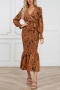 stylish plus size non-stretch batch printing v-neck mermaid midi dress with belt_Black_Rose Red_Beige_Brown