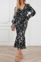 stylish plus size non-stretch batch printing v-neck mermaid midi dress with belt_Black