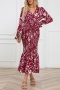 stylish plus size non-stretch batch printing v-neck mermaid midi dress with belt_Black_Rose Red