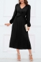 stylish plus size non-stretch 4 colors v-neck pleated midi dress_Black