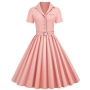 stylish plus size non-stretch solid color single breasted belt midi dress_Pink