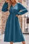 casual non-stretch solid color button v-neck midi dress_Black_Dark Green_Haze Blue