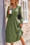 casual non-stretch solid color button v-neck midi dress_Black_Dark Green