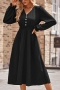 casual non-stretch solid color button v-neck midi dress_Black