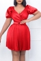 sexy plus size non-stretch satin v-neck low-cut pleated with belt midi dress_Black_White_Red