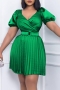 sexy plus size non-stretch satin v-neck low-cut pleated with belt midi dress_Black_White_Red_Green