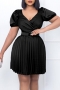 sexy plus size non-stretch satin v-neck low-cut pleated with belt midi dress_Black