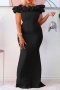 stylish plus size slight stretch 4 colors off shoulder ruffle mermaid maxi dress_Black