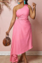 sexy plus size slight stretch 5 colors one shoulder hollow irregular maxi dress_Pink