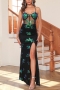 sexy slight stretch sequin decor mesh stitching padded high slit maxi dress_Green