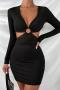 xs-l sexy slight stretch 3 colors v-neck hollow ring linked bodycon mini dress_Black