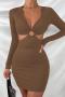 xs-l sexy slight stretch 3 colors v-neck hollow ring linked bodycon mini dress_Black_Blue_Brown