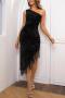 sexy slight stretch sequin decor one shoulder tassels midi dress_Black