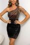 sexy slight stretch sequin decor one shoulder slim mini dress_Black
