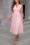 elegant inelastic mesh long sleeve deep v party midi dress_Black_White_Pink