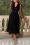 elegant inelastic mesh long sleeve deep v party midi dress_Black